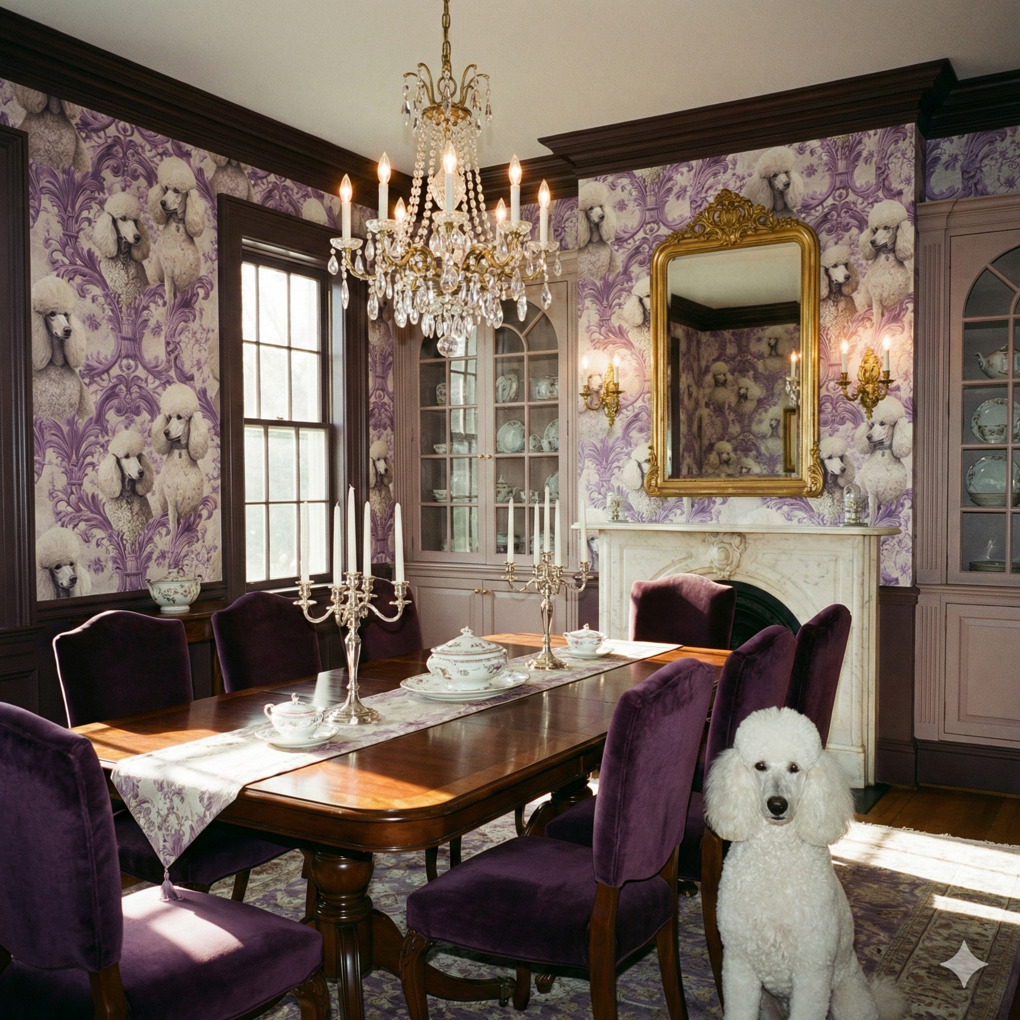 Patterned wallpaper of poodles by Versailles Vogue, covering the walls of a formal dining room.
