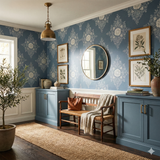 Slate blue floral wallpaper with botanical damask pattern, displayed in a decorated interior room.