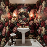 Floral wallpaper by Wallshoppe, with a dark botanical pattern of peonies in cream, red, and burgundy.

