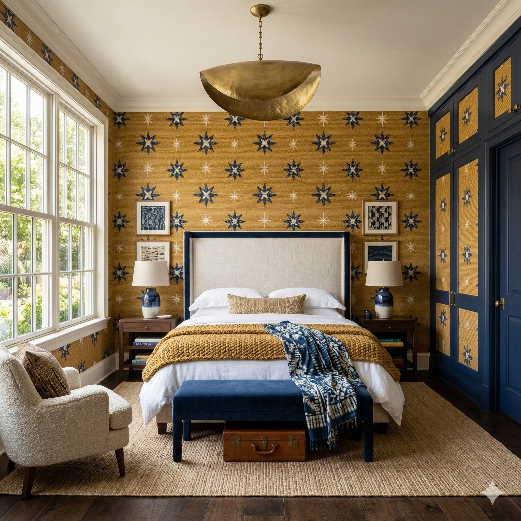 Star patterned wallpaper by Schumacher featuring blue and white star designs on a gold textured background.