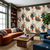 Patterned wallpaper by Saltfire, featuring clouds and geometric orange and gray accents.