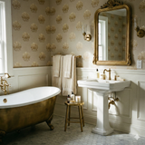 Neutral colored Marabella Crest Wallpaper with gold shell pattern design.