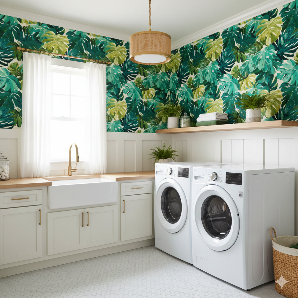 Green tropical leaf pattern wallpaper by Wallshoppe, shown with white cabinets and a farmhouse sink.