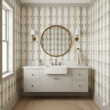 Maison Rue Wallpaper with bows and stripes pattern on the wall.

