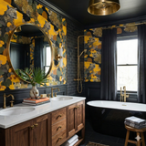 Patterned wallpaper with leopards by York Wallcoverings, featuring a yellow, black, and gray jungle-inspired design.