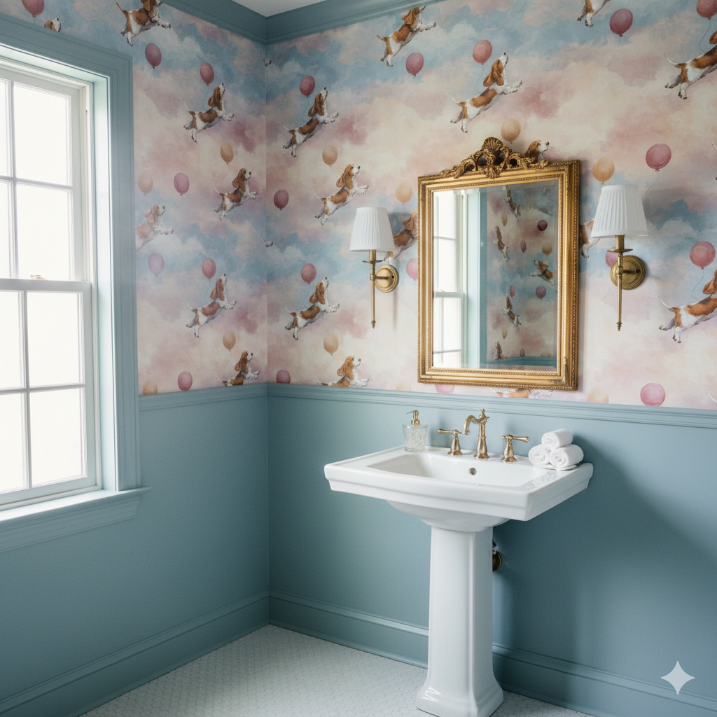 Balloon Chase Wallpaper featuring a whimsical design with dogs and balloons on a dreamy sky background.
