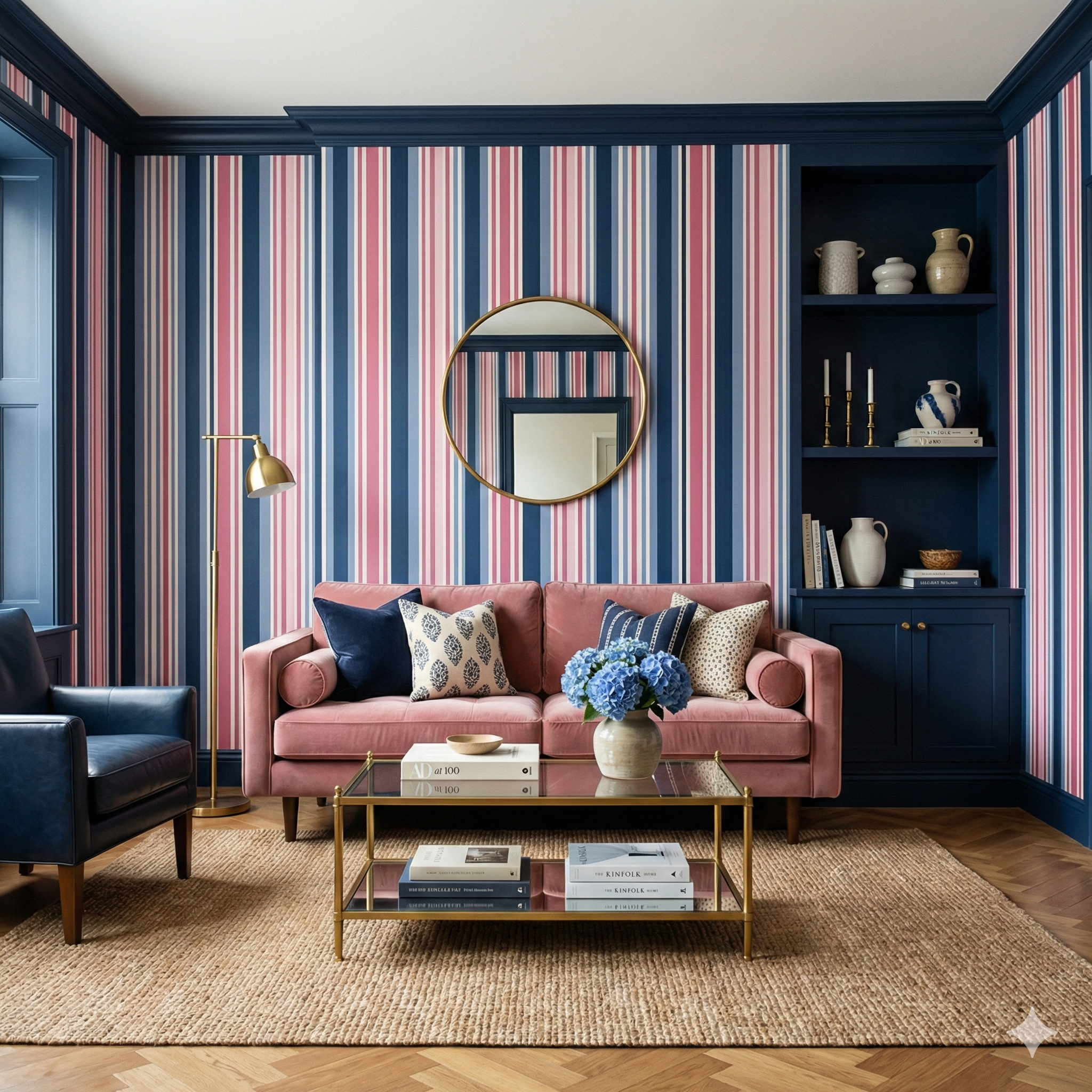 Striped wallpaper in navy, pink, and cream, with a matching navy trim.