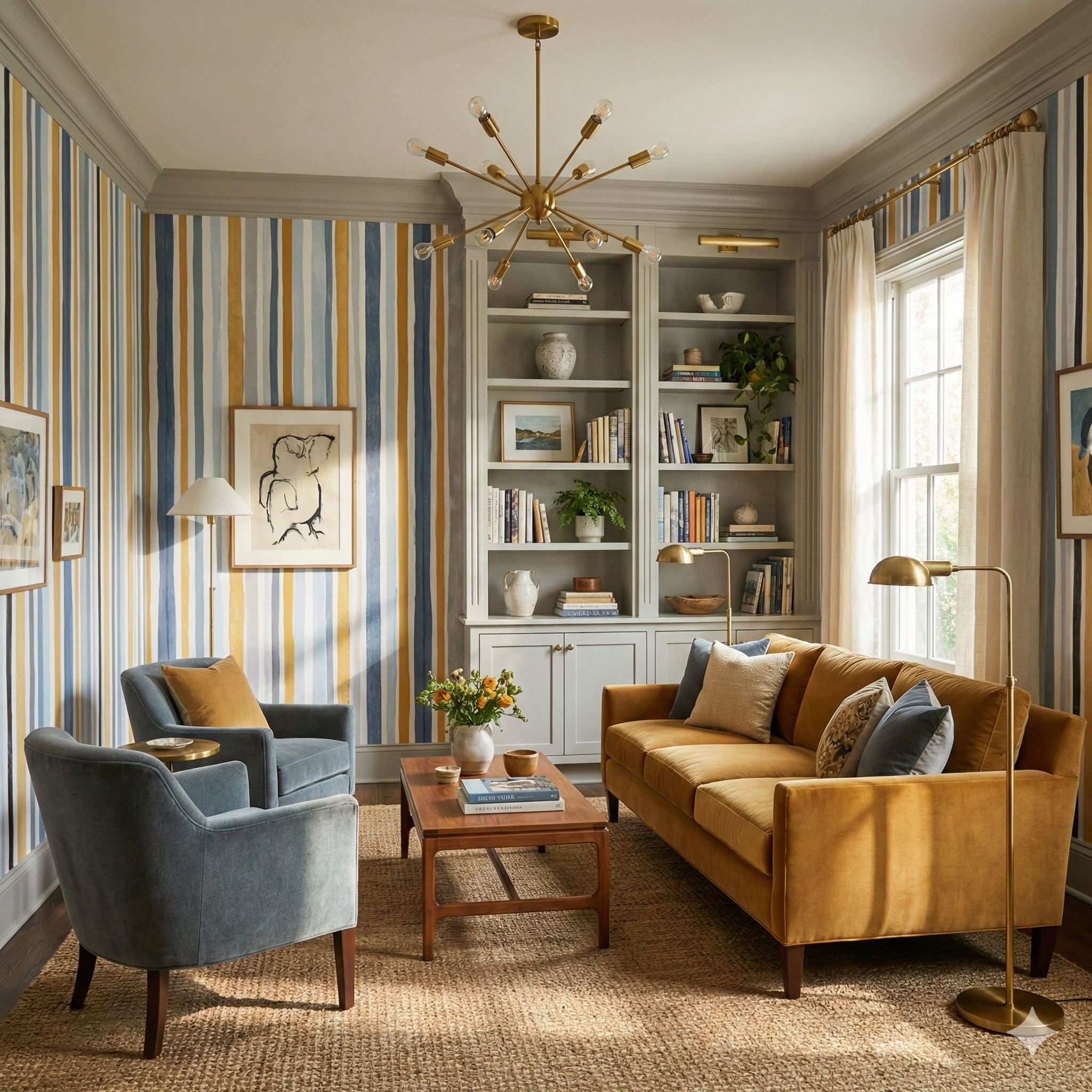 Striped wallpaper in shades of blue, gold, and beige with a vertically oriented pattern.
