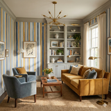 Striped wallpaper in shades of blue, gold, and beige with a vertically oriented pattern.
