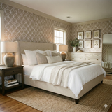 Lattice-patterned wallpaper of Briony, covering the bedroom walls.