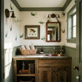 Willowborne Flies Wallpaper, featuring a dragonfly pattern, on bathroom wall with wood vanity and rustic copper sink.
