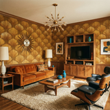 Gold Aureate Shell Wallpaper with a fan pattern, covering the walls in a retro-style room.