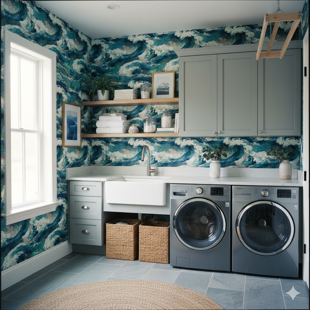 Tidal Force wallpaper with a vibrant wave pattern, in shades of blue and white.