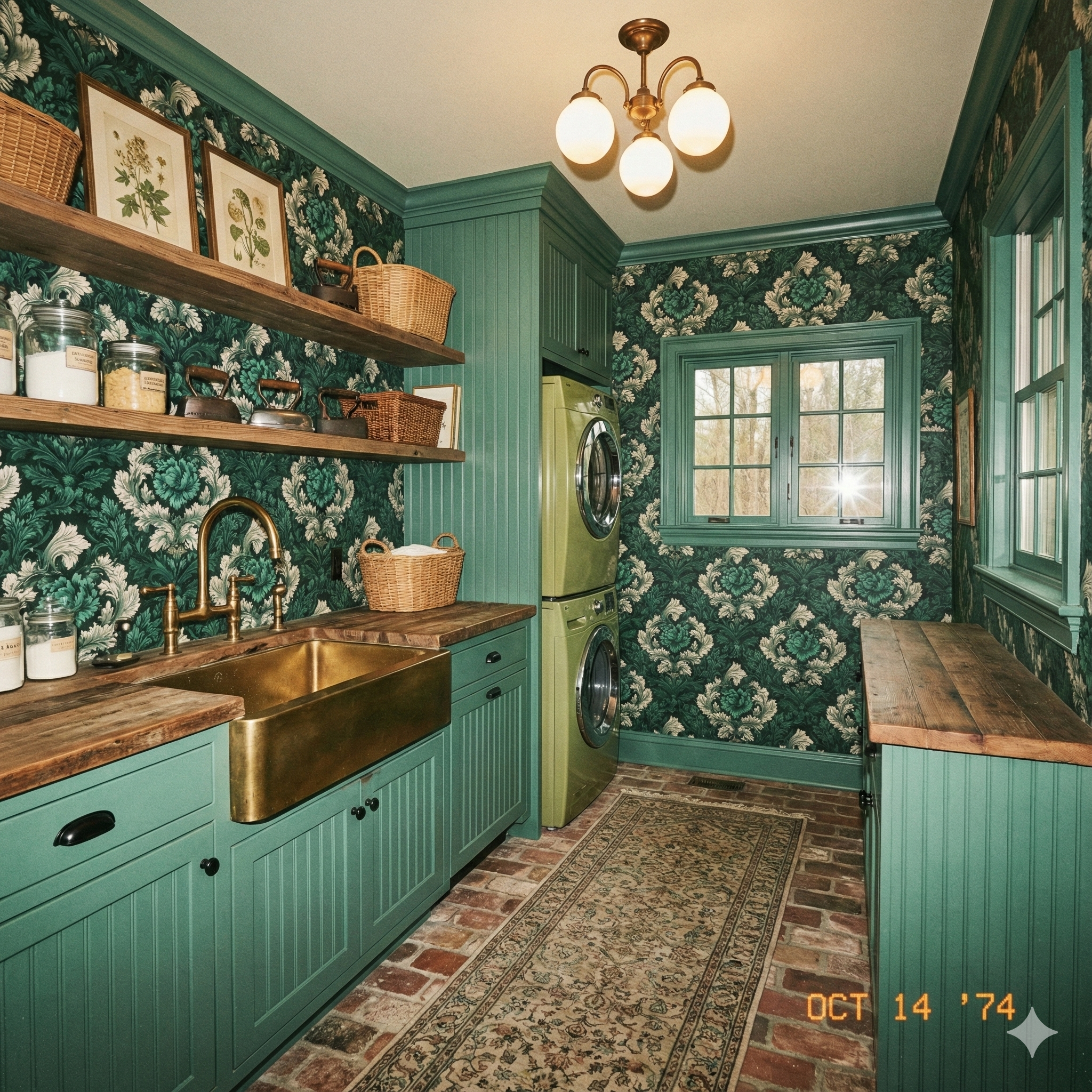 Green floral wallpaper from Acanthus Court, patterned with blooming acanthus and leaves in a vintage-inspired style.
