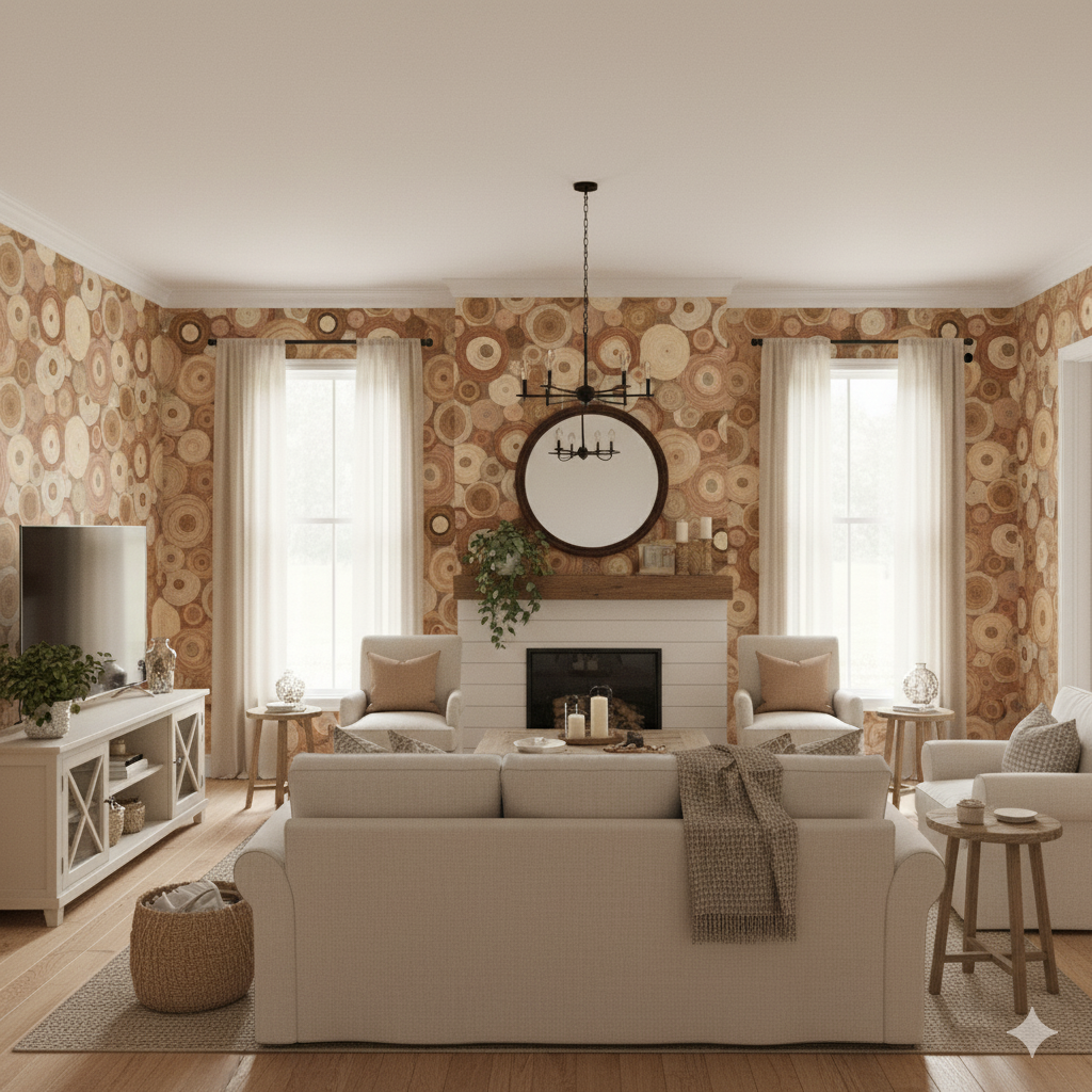Crosscut Echo wallpaper, with a tree ring design, featuring rustic style and wood-patterned backdrop.