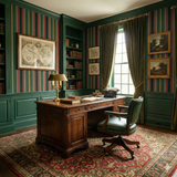 Striped canvas wallpaper in green, red, and gold, featuring a vertical pattern.