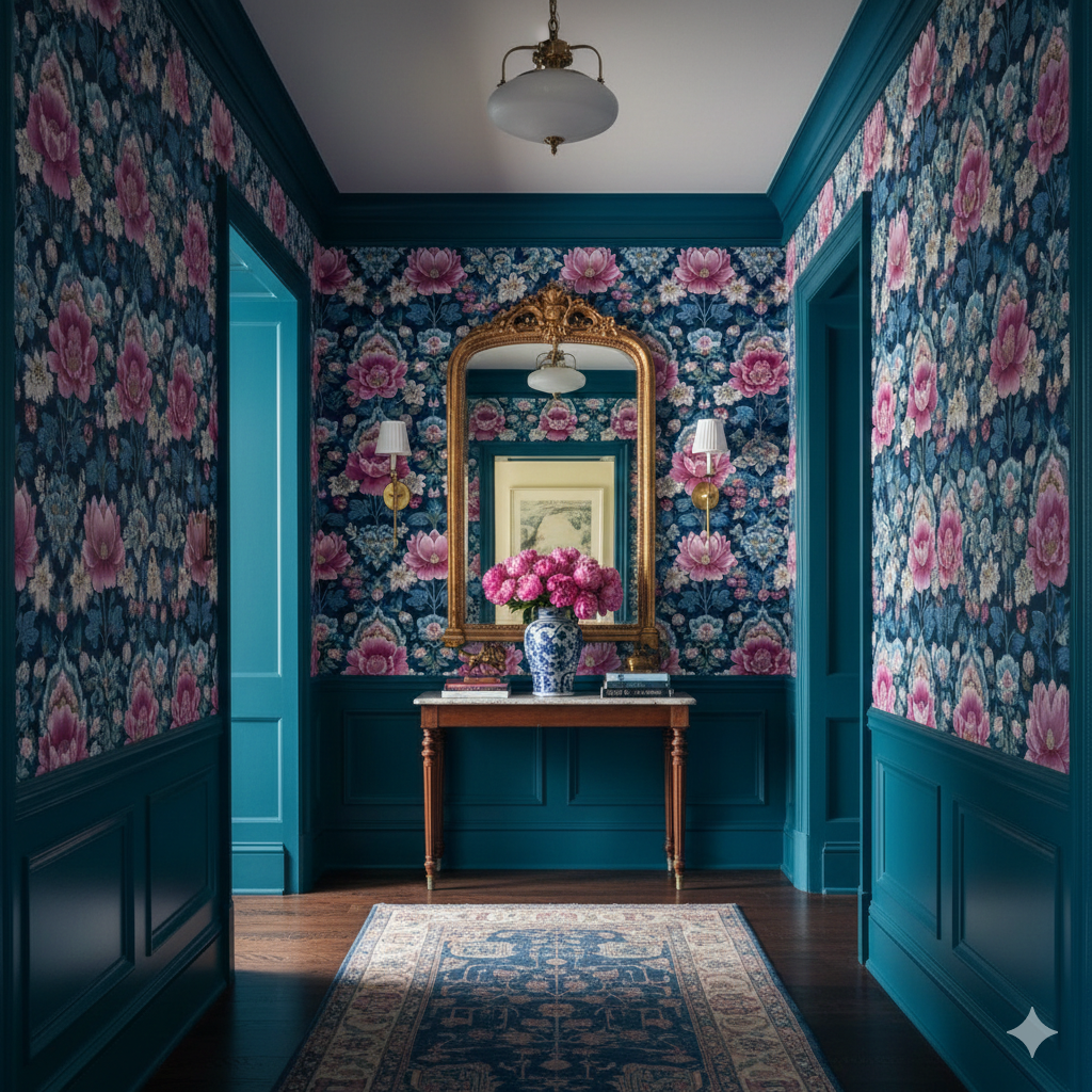 Floral magnolia society wallpaper with blue and pink patterns, complemented by teal wall paneling.