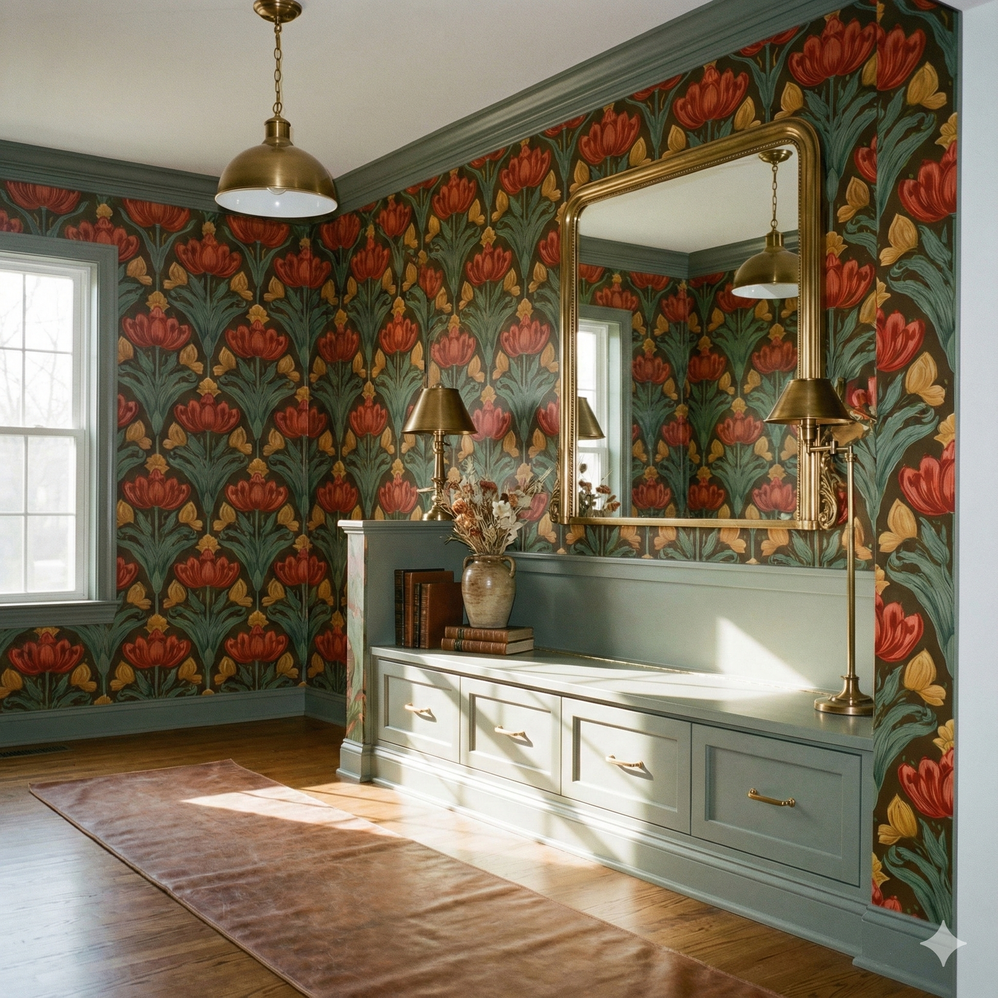 Tulip patterned wallpaper with red and yellow flowers on a brown background.