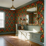 Tulip patterned wallpaper with red and yellow flowers on a brown background.