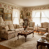 Floral Chérubin Gala Wallpaper with cherubs and roses, covering the walls in a decorated living room.