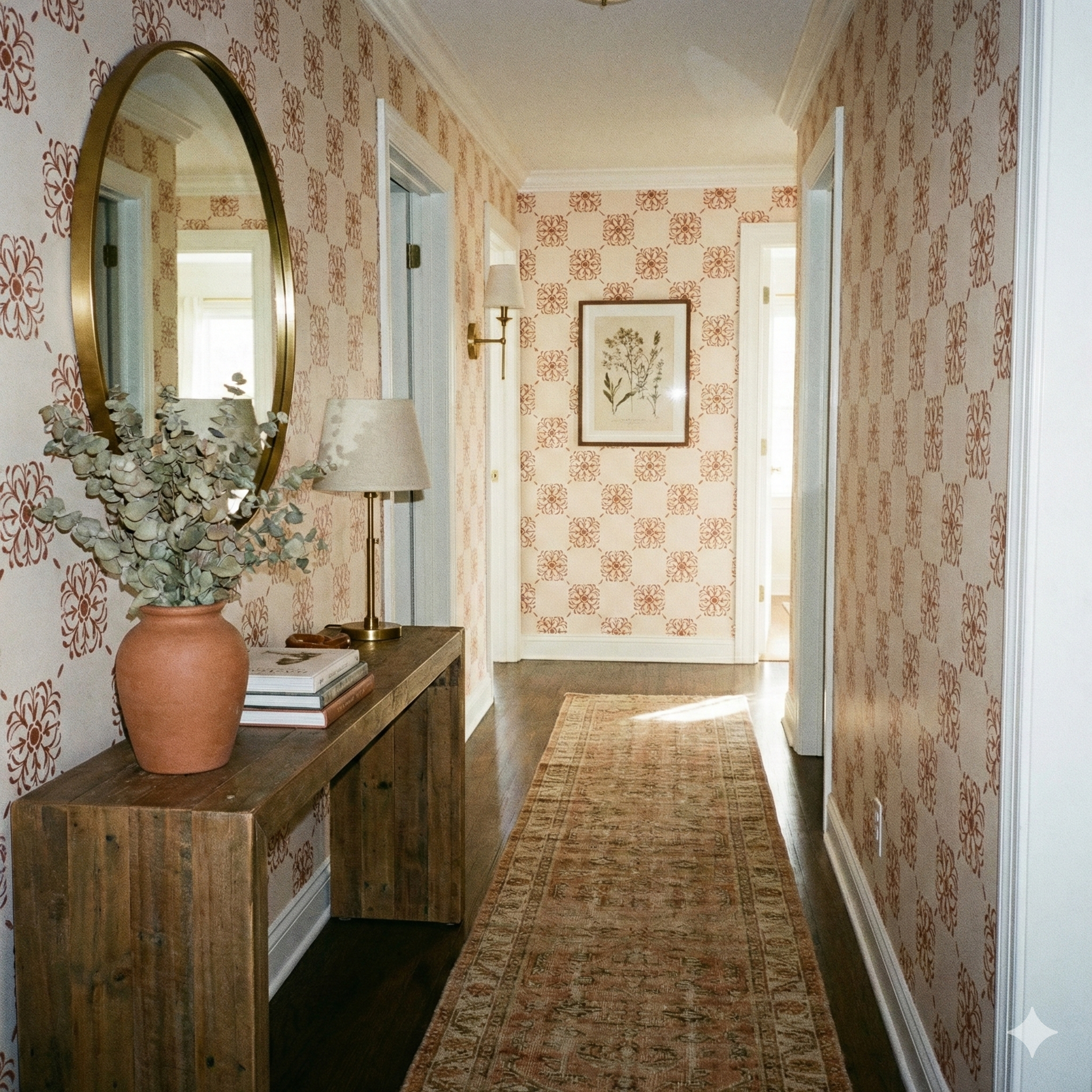 Floral rosette field wallpaper with copper pattern on beige background, decorating a hallway.