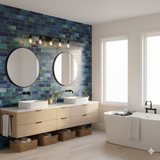 Tide Tile wallpaper with shades of blue and green in a brick pattern.
