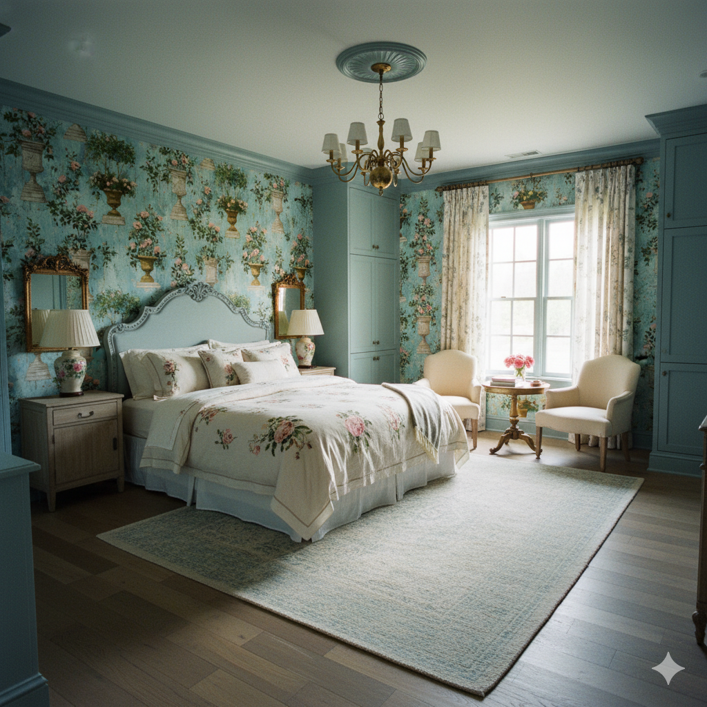 Palais Verdanne wallpaper with floral urn pattern, covering the walls in a traditionally decorated bedroom.
