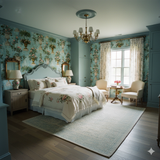 Palais Verdanne wallpaper with floral urn pattern, covering the walls in a traditionally decorated bedroom.