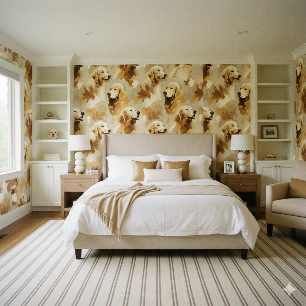 Patterned wallpaper by Honeywell with a repeated golden retriever design, covering the walls of a bedroom.