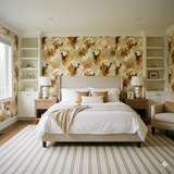 Patterned wallpaper by Honeywell with a repeated golden retriever design, covering the walls of a bedroom.