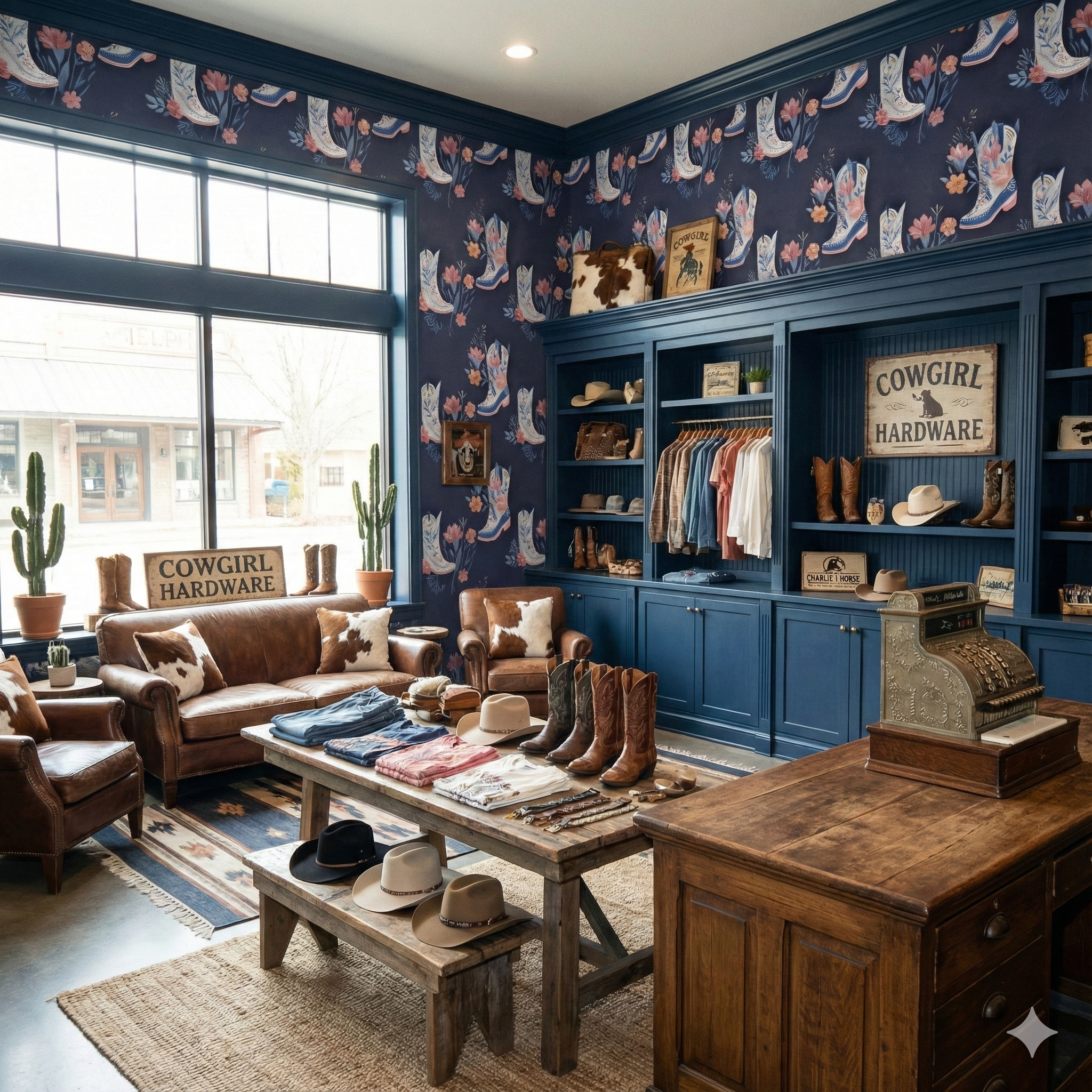 Cowboy boot patterned wallpaper in blue by Rifle Paper Co., seen covering the walls of a western-themed store.
