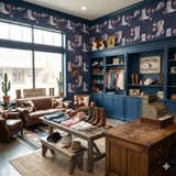 Cowboy boot patterned wallpaper in blue by Rifle Paper Co., seen covering the walls of a western-themed store.
