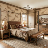 Beige jackrabbit chase wallpaper with animal pattern detail on the bedroom wall.