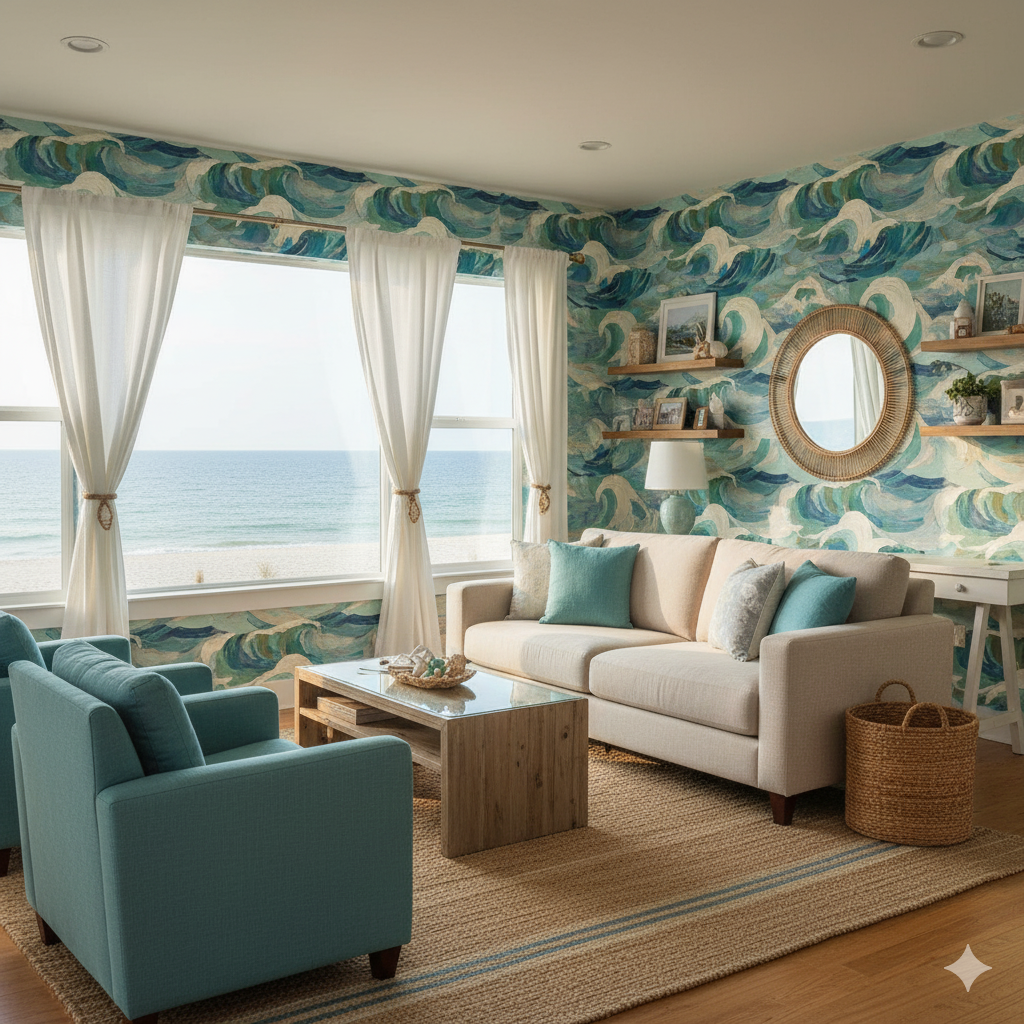 Aqua and blue wave patterned Marina Tempesta Wallpaper featuring sea and beach coastal decor.
