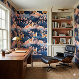 Kyoto Canine Wallpaper with a dog and cherry blossom pattern, against a navy background.

