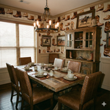 Cowboy boots themed wallpaper with western style paintings, and decorative hutch cabinet.