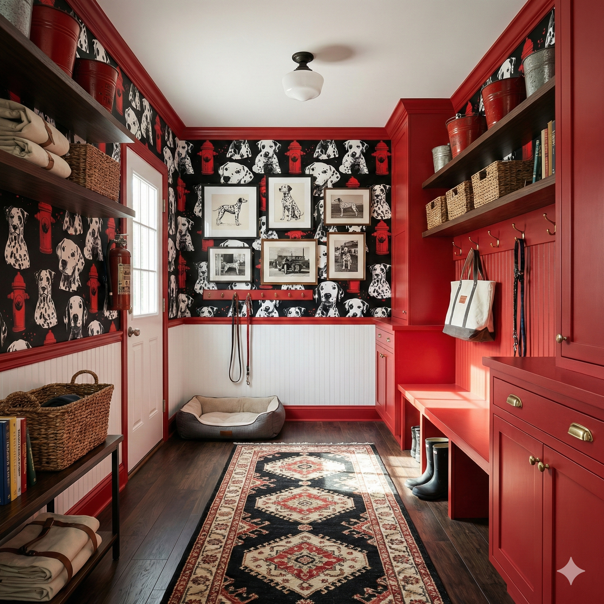 Patterned wallpaper by Metro Muse with Dalmatian dog and fire hydrant motif in black, white, and red.