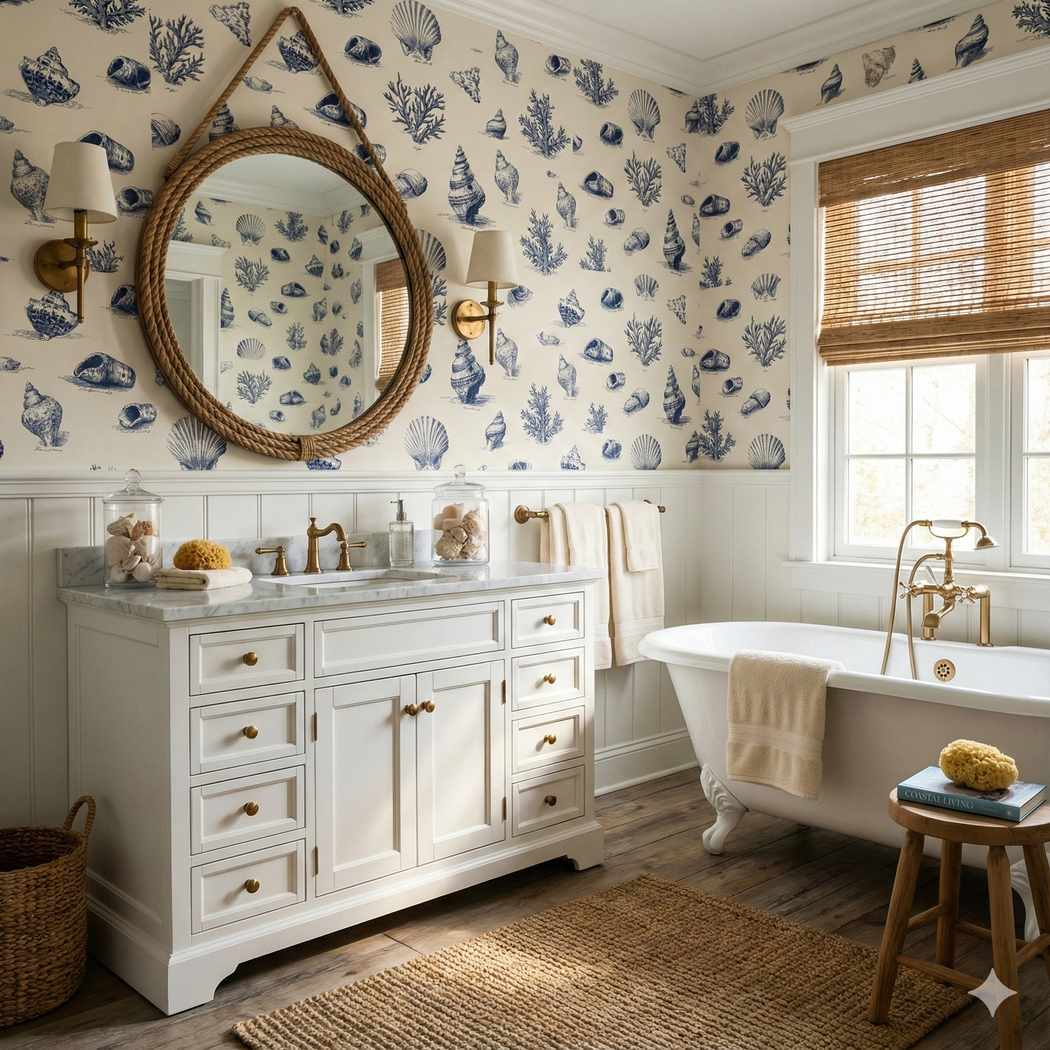 Blueport Antiqua Wallpaper with blue seashell pattern on a beige textured background.