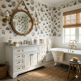 Blueport Antiqua Wallpaper with blue seashell pattern on a beige textured background.