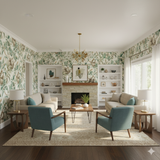 Sloth and loiter wallpaper with leaf patterns and animal silhouettes.