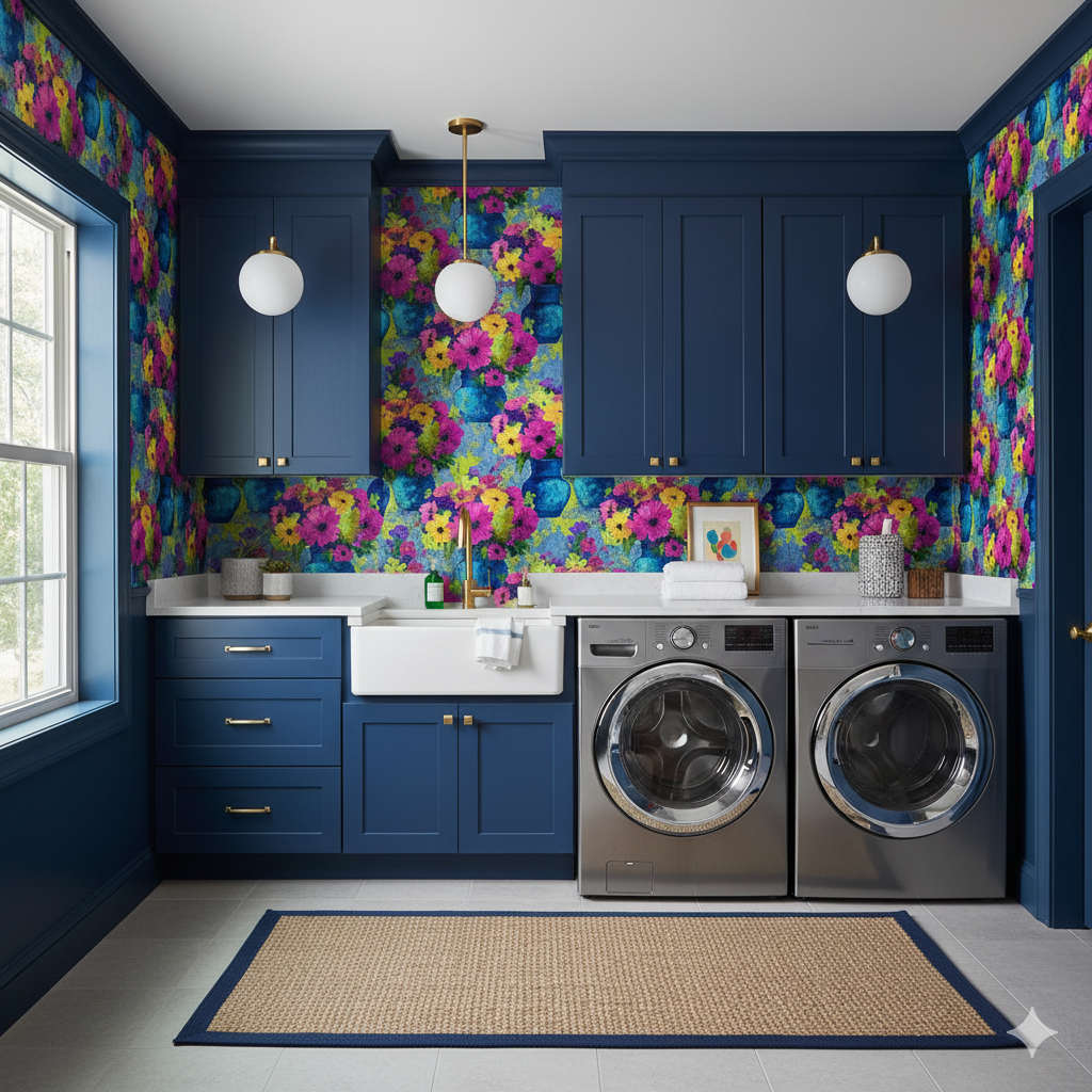 Marseille Bloom wallpaper with a colorful floral pattern on the wall behind a laundry room.
