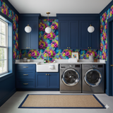 Marseille Bloom wallpaper with a colorful floral pattern on the wall behind a laundry room.
