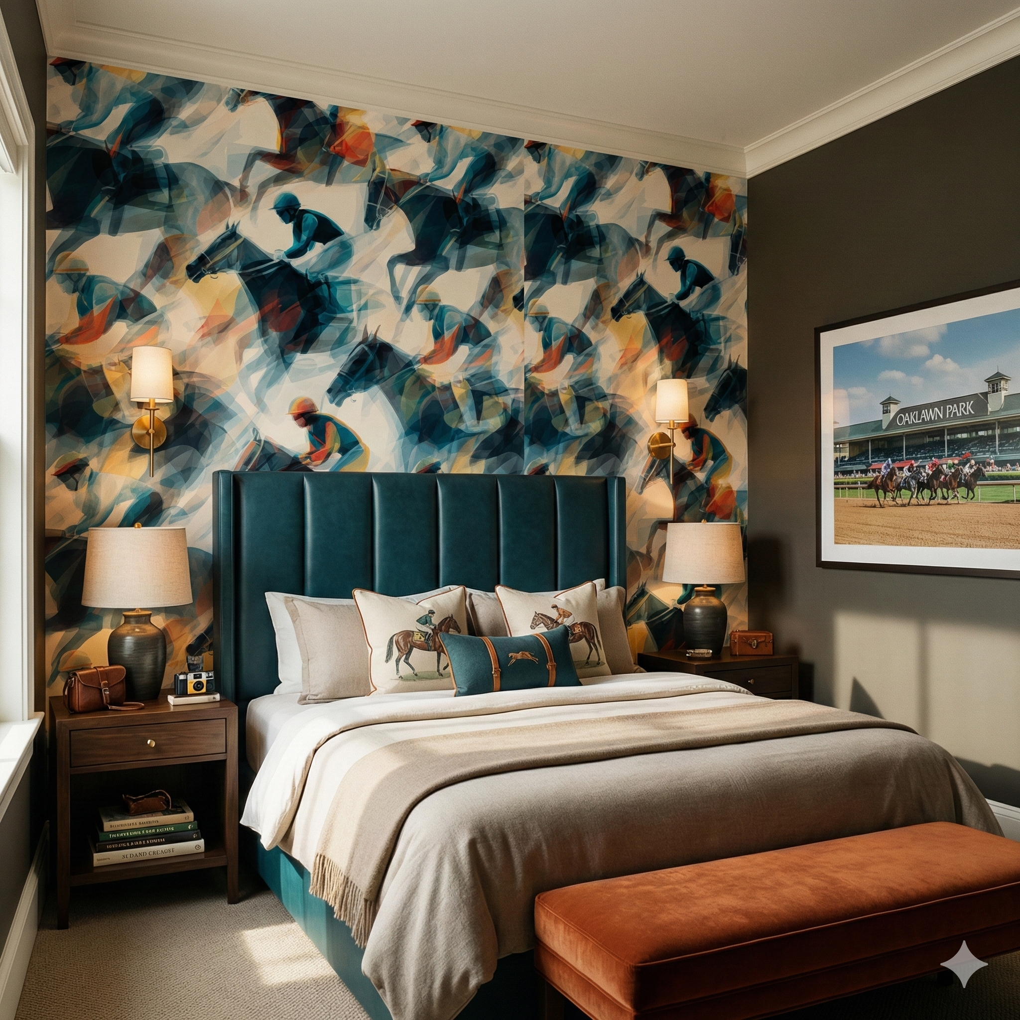 Colorful Saddlecloth Velocity Wallpaper with horse racing motifs, patterned across a bedroom accent wall.
