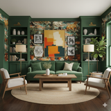 Casa Solana wallpaper featuring an abstract pattern of dogs, foliage, and shapes.