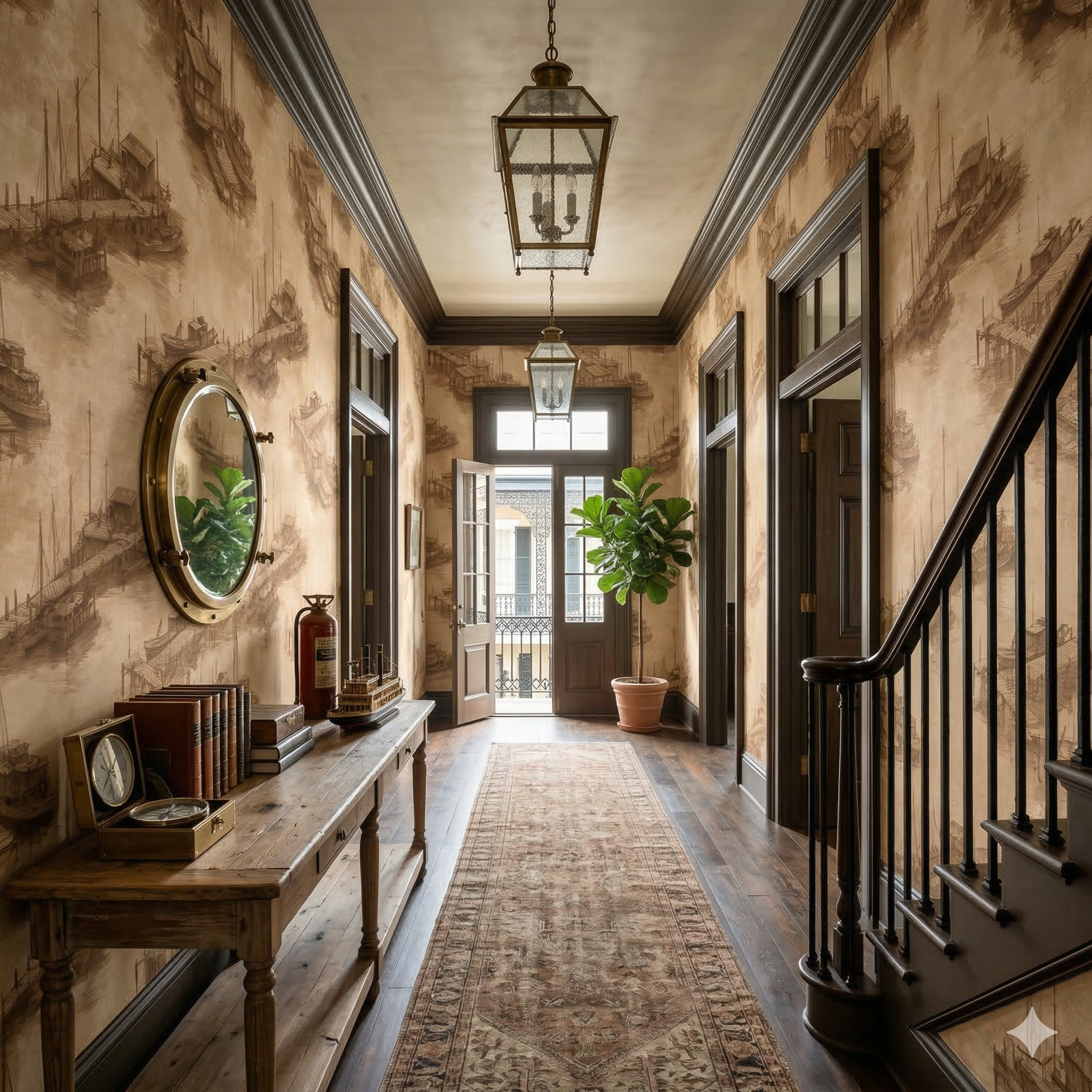 Sepia wallpaper with harbor scene by Harborline, creating a vintage nautical look in the hallway.
