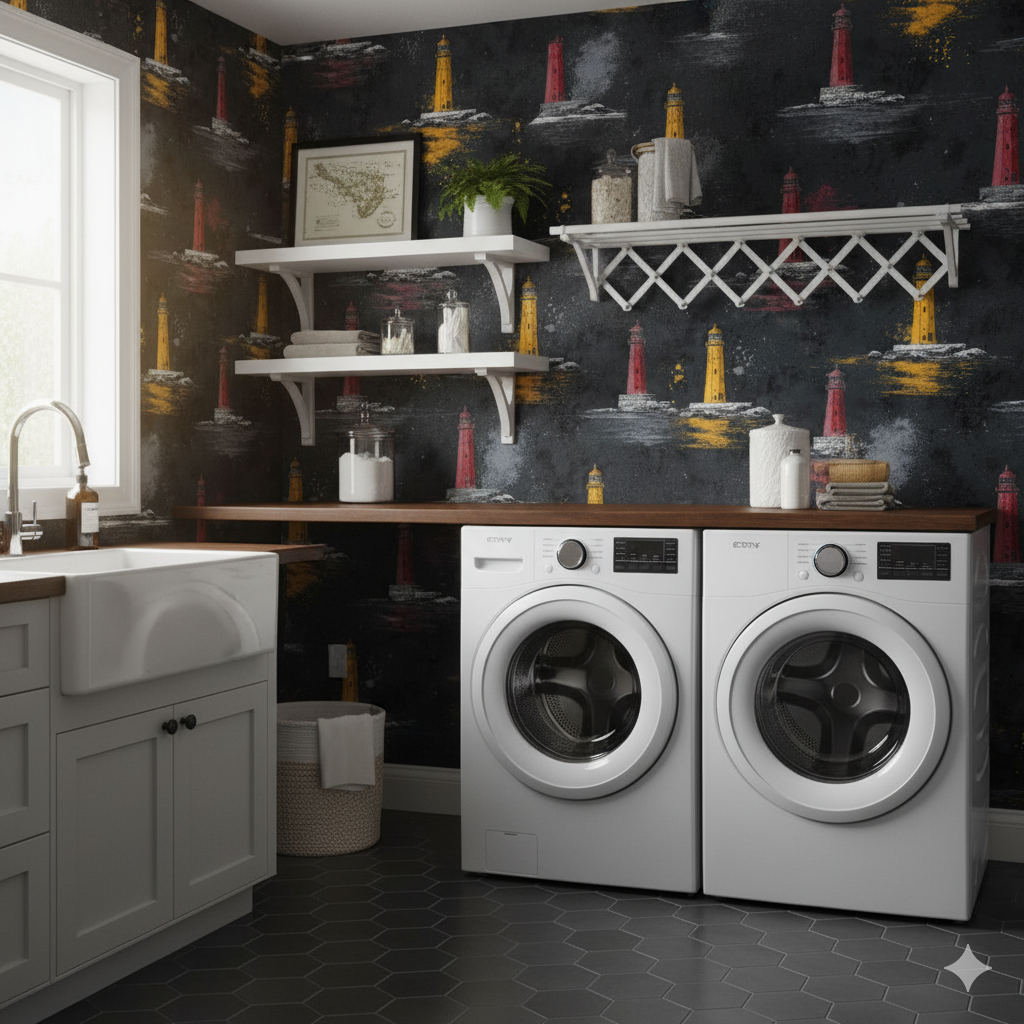 Lighthouse patterned wallpaper with nautical feel, Beacon’s Vigil Wallpaper, featuring lighthouses in yellow and red.