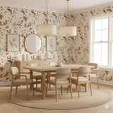 Cherry Bloom Wallpaper with floral and fruit pattern on a beige background.