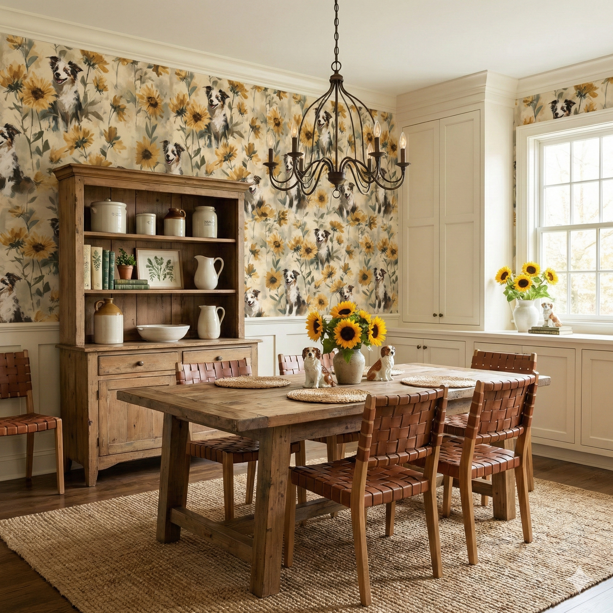 Dog and sunflower pattern wallpaper with a painterly effect.
