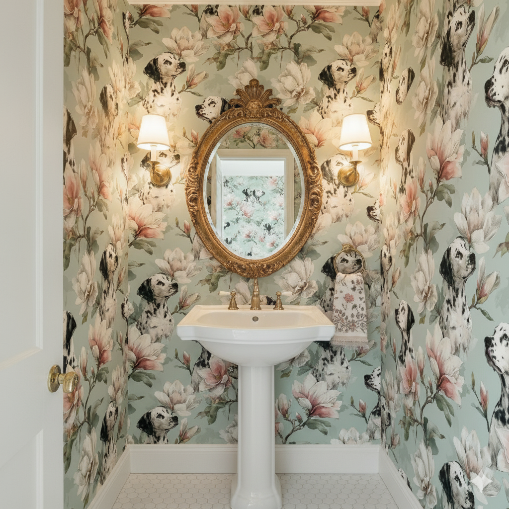 Patterned wallpaper by Ashford House featuring magnolia flowers and dalmatian dog designs in a stylish bathroom.