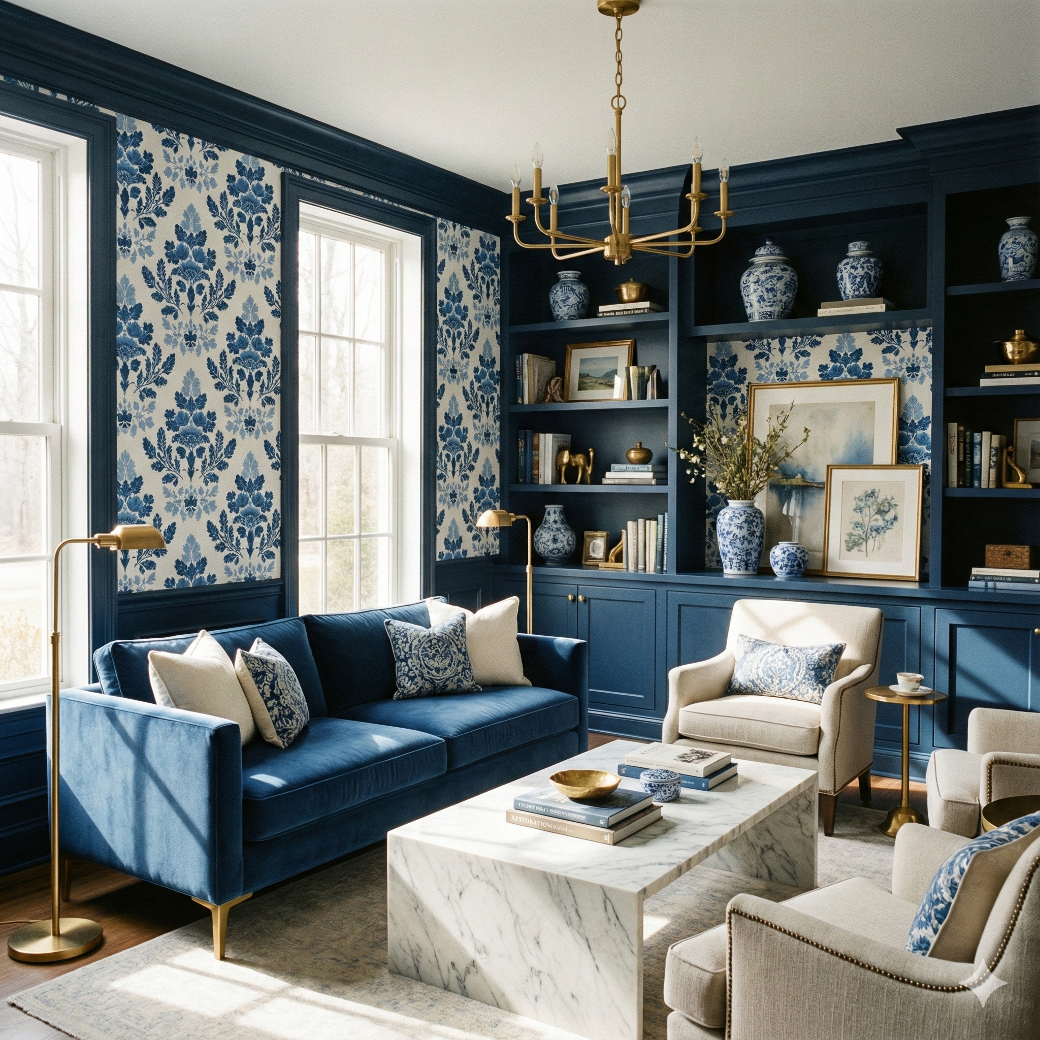Blue and white floral wallpaper with a damask pattern, Delft Hearthstone Wallpaper with no brand attribution, covering the wall in a styled living room.